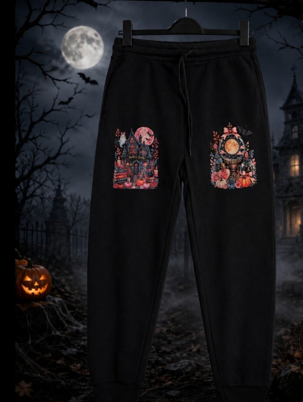 Handmade Womens Black Spooky Graphic Sweatpants